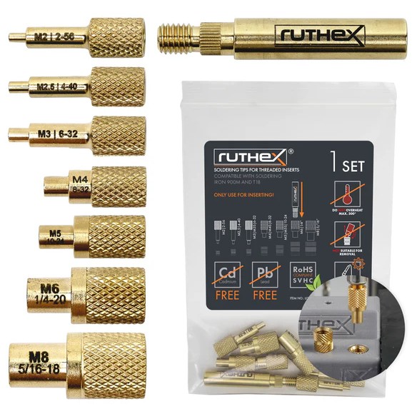 Ruthex 7x priedas lituokliui ir adapteriai įlydomoms įvorėm M2 / M2.5 / M3 / M4 / M5 / M6 / M8