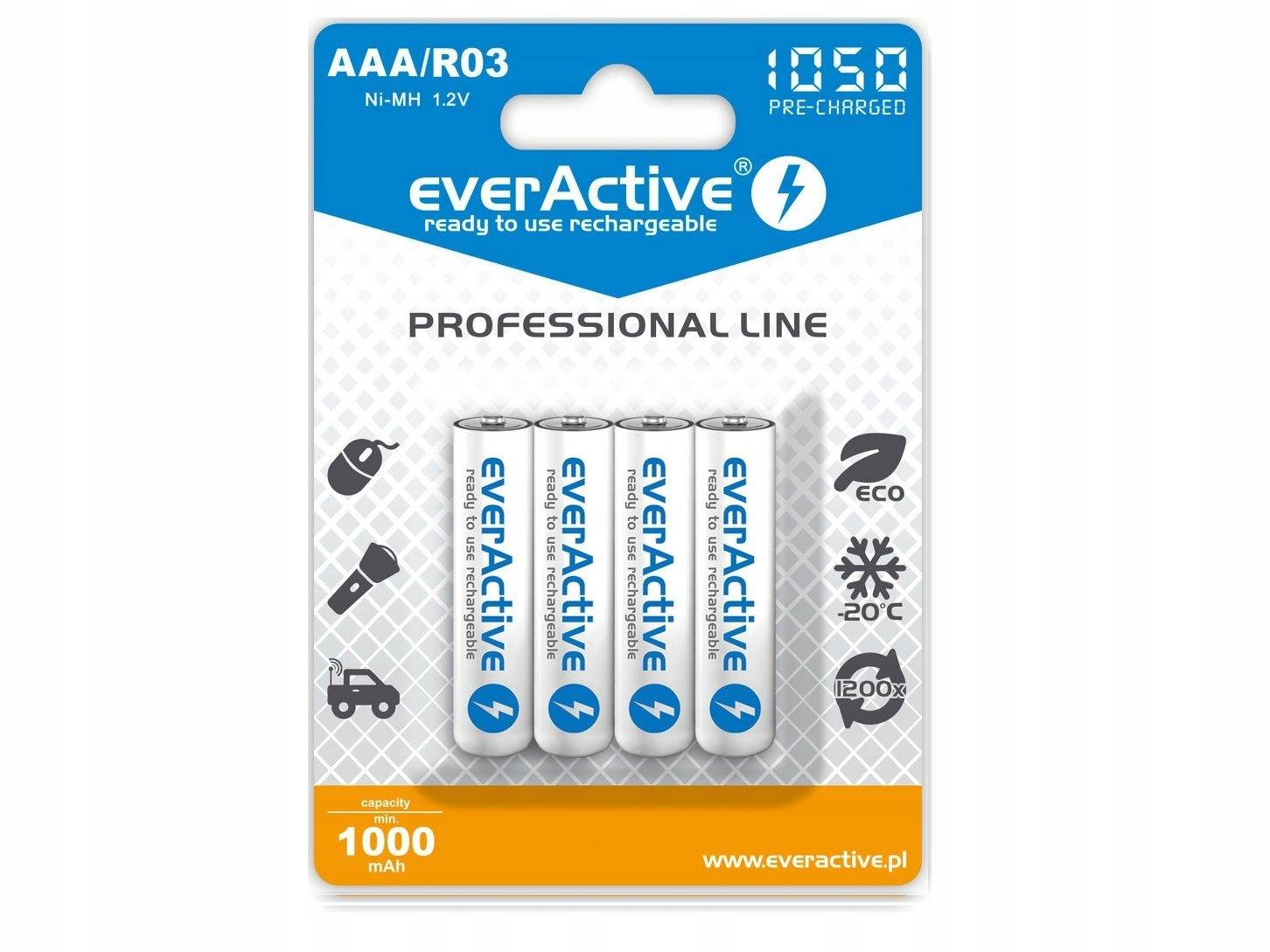 Baterijos everActive AAA/R03 1,2V / 1050mAh / NiMh (pakraunami) 4 vnt.