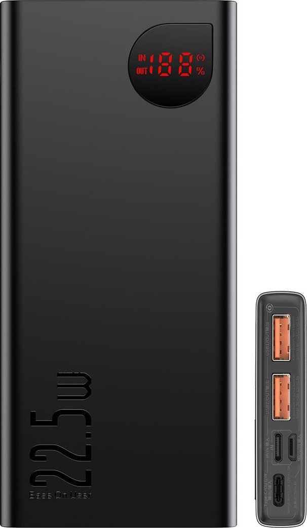 Išorinis akumuliatorius BASEUS LiPo 10000mAh 22.5W PD3.0 QC3.0 AFC USB + USB-C Adaman, juodas