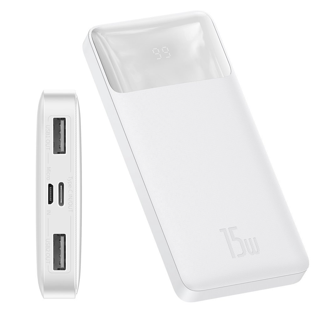 Išorinė baterija BASEUS 10000mAh 15W 2xUSB, USB-C, baltas