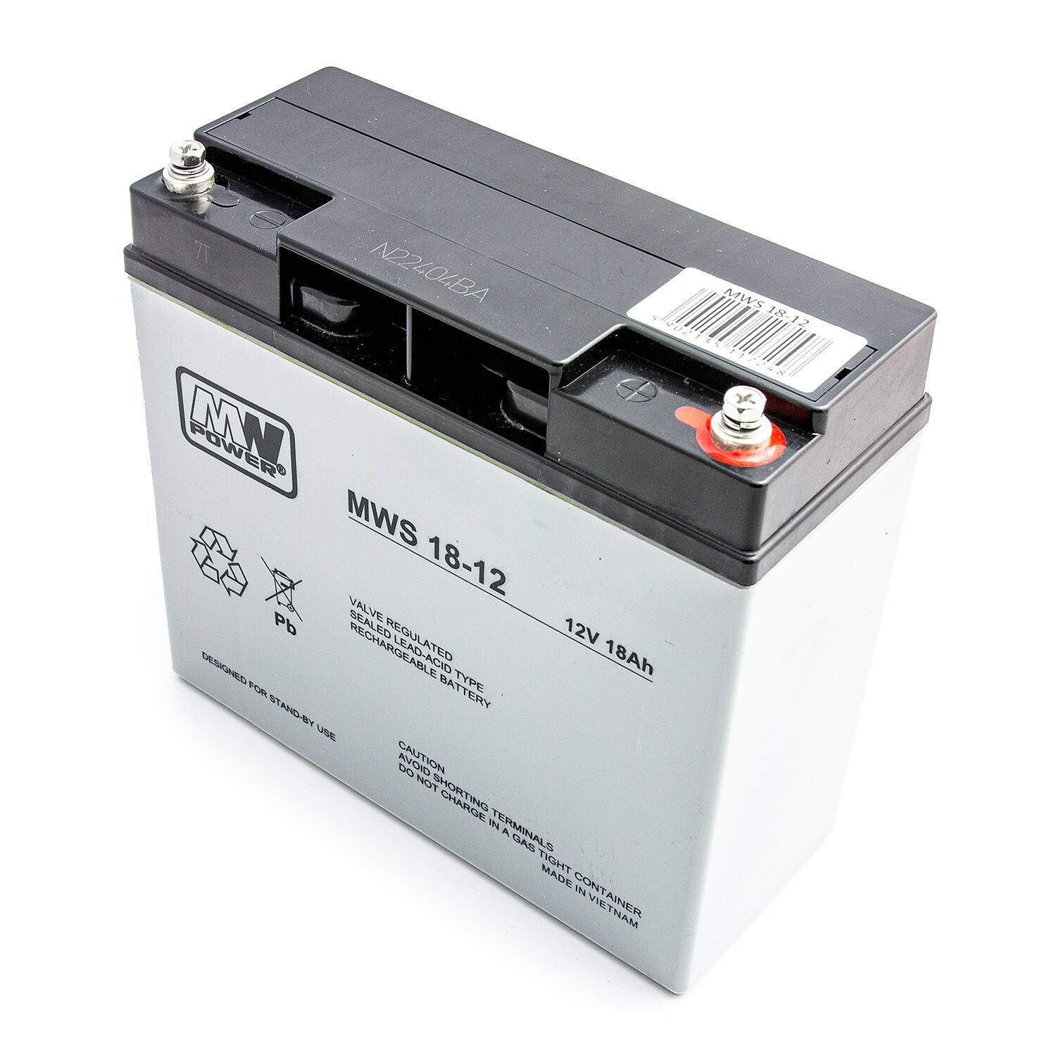 Akumuliatorius MW Power MWS 18-12 12V18Ah AGM, skirtas signalizacijos UPS žaislų kasos aparatui