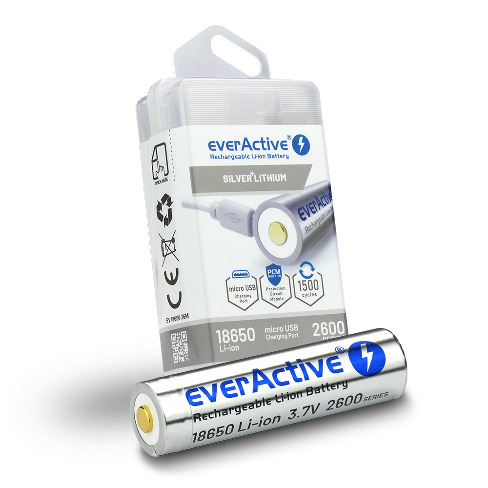 Baterija EverActive 18650 žibintuvėliams 3,7V / 2600 mAh / Li-Ion (pakraunami USB) su dėžute