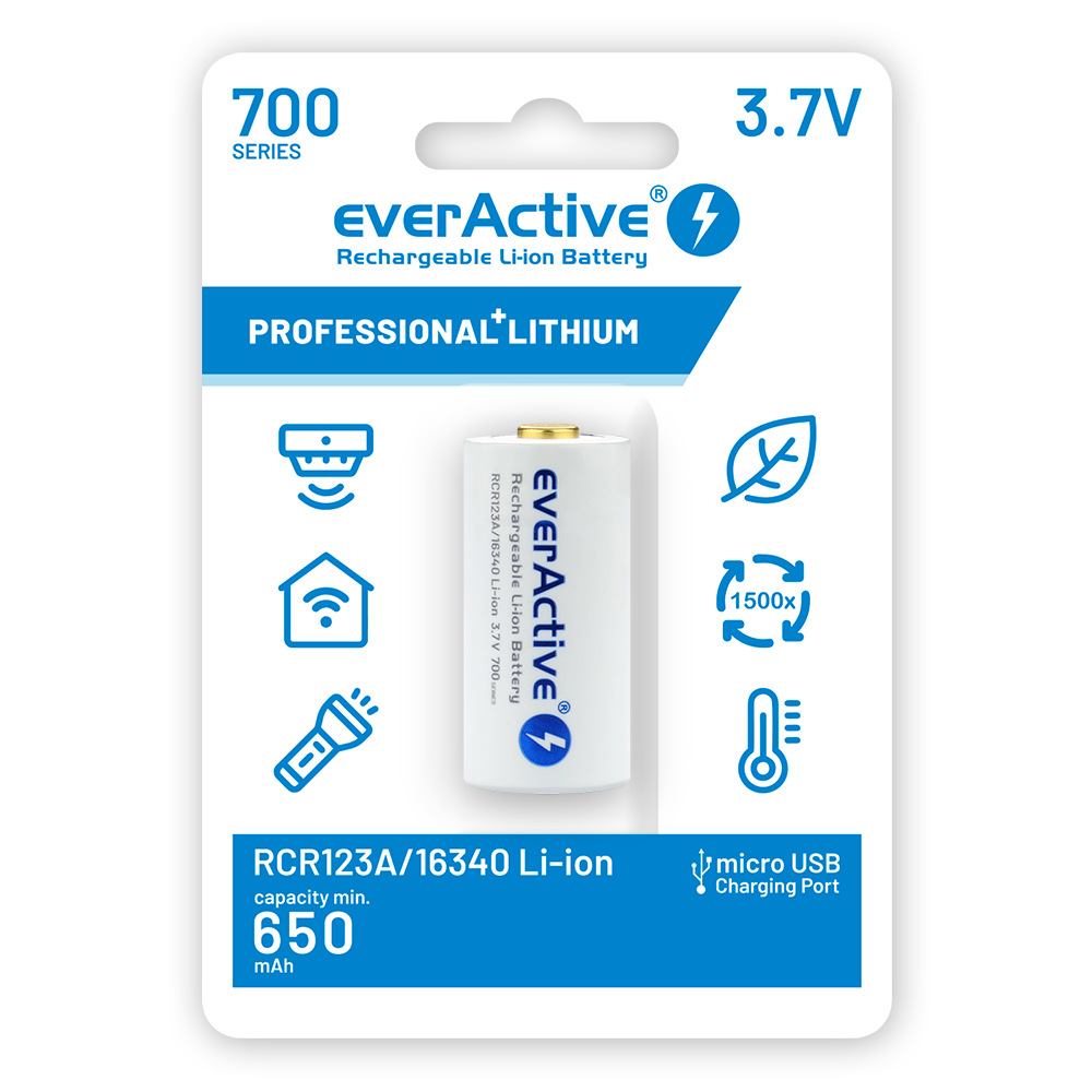 EverActive 16340 RCR123A 3,7 V 700 mAh Li-Ion mikro USB baterija su apsauga, skirta žibintuvėliams
