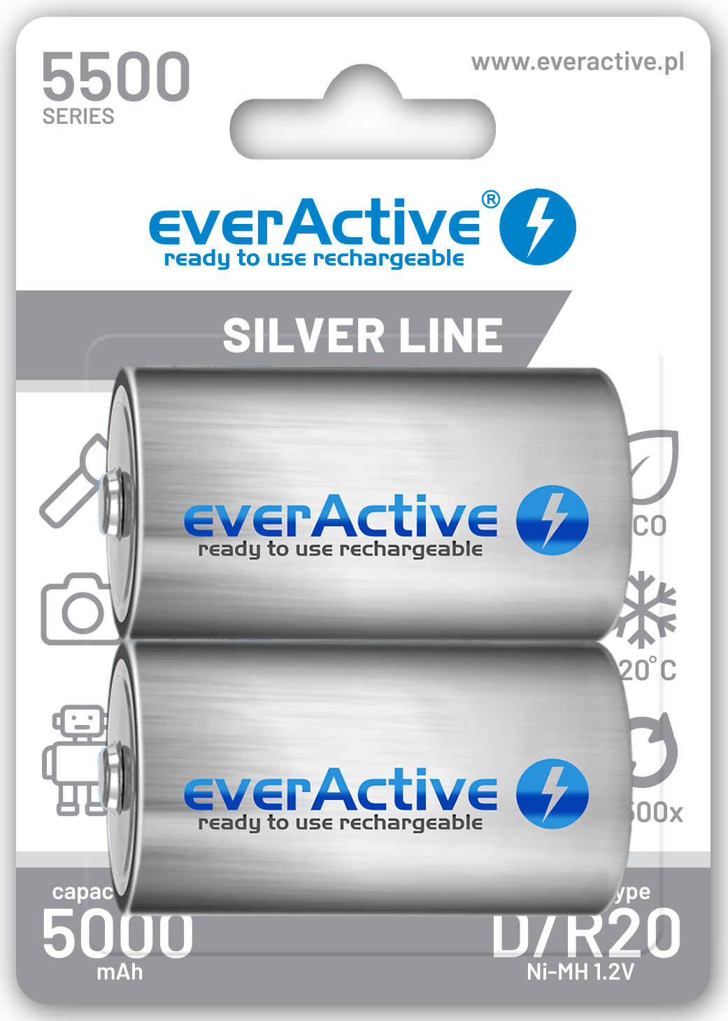 Akumuliatorius everActive R20 / D NiMH 1,2V 5500 mAh paruoštas naudoti 2B
