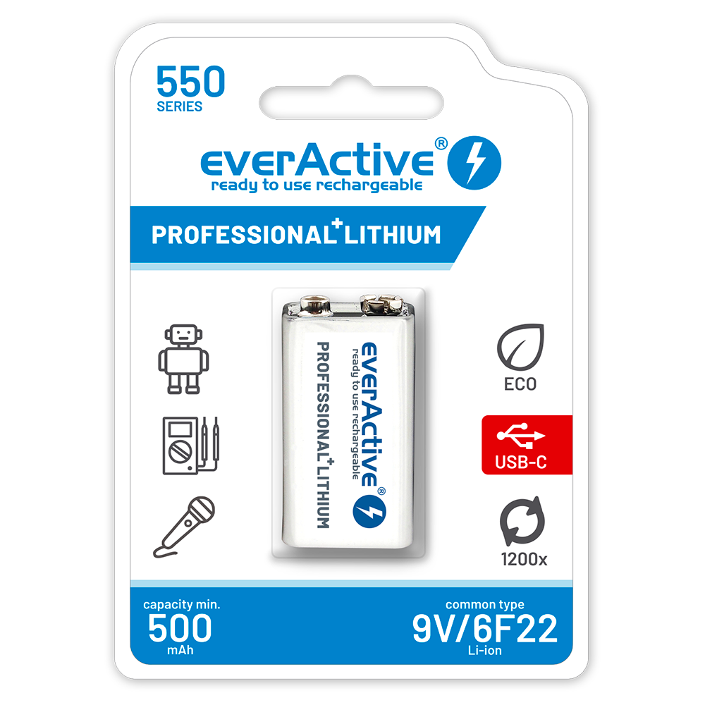 EverActive 6F22/9V ličio jonų akumuliatorius 9V 550 mAh su USB TYPE C
