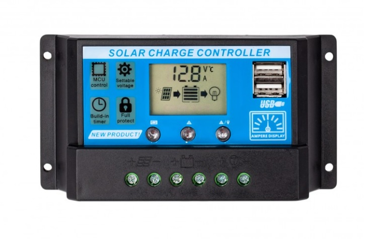 Įkrovimo valdiklis PWM 12/24V 10A su LCD ir laikmačiu, 2xUSB