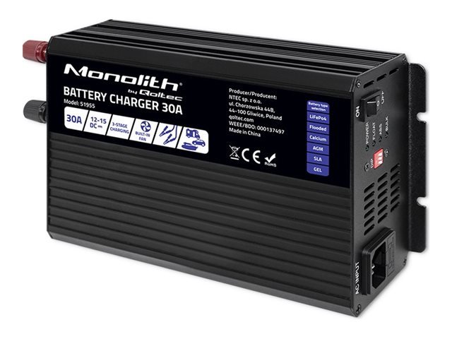 QOLTEC 51955 Smart Monolith charger for LiFePO4 AGM GEL SLA batteries / 30A / 12V