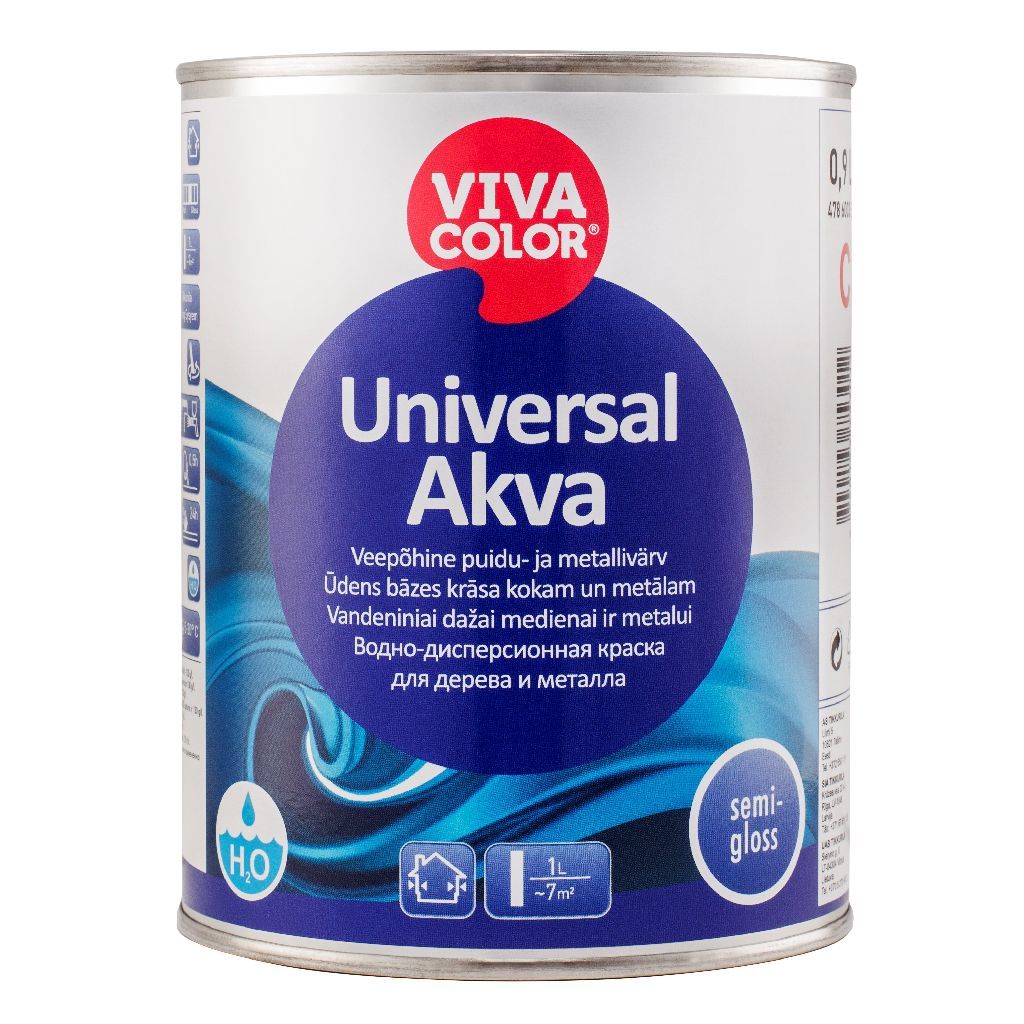 Metalo ir medienos dažai VIVACOLOR UNIVERSAL AKVA, pusiau blizgūs,  0,9 l