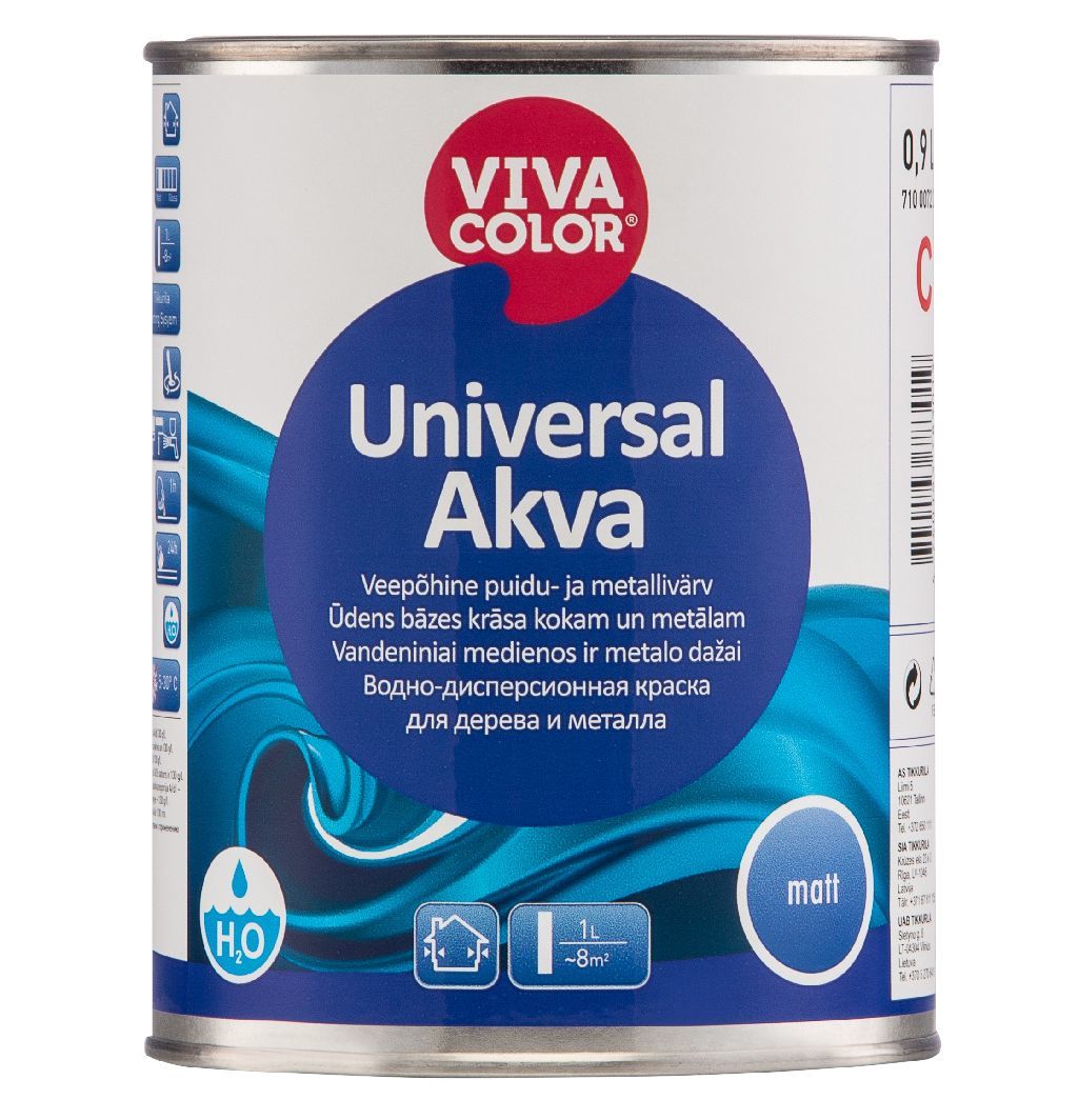 Metalo ir medienos dažai VIVACOLOR UNIVERSAL AKVA, matiniai, 0,9 l