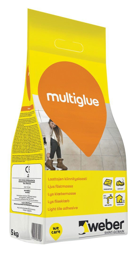 Plytelių klijai WEBER MULTIGLUE, elastingi, baltos sp., 5 kg