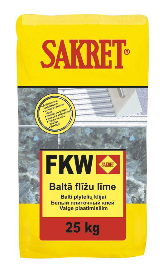 Plytelių klijai SAKRET FKW, padidinto elastingumo, baltos sp., 25 kg