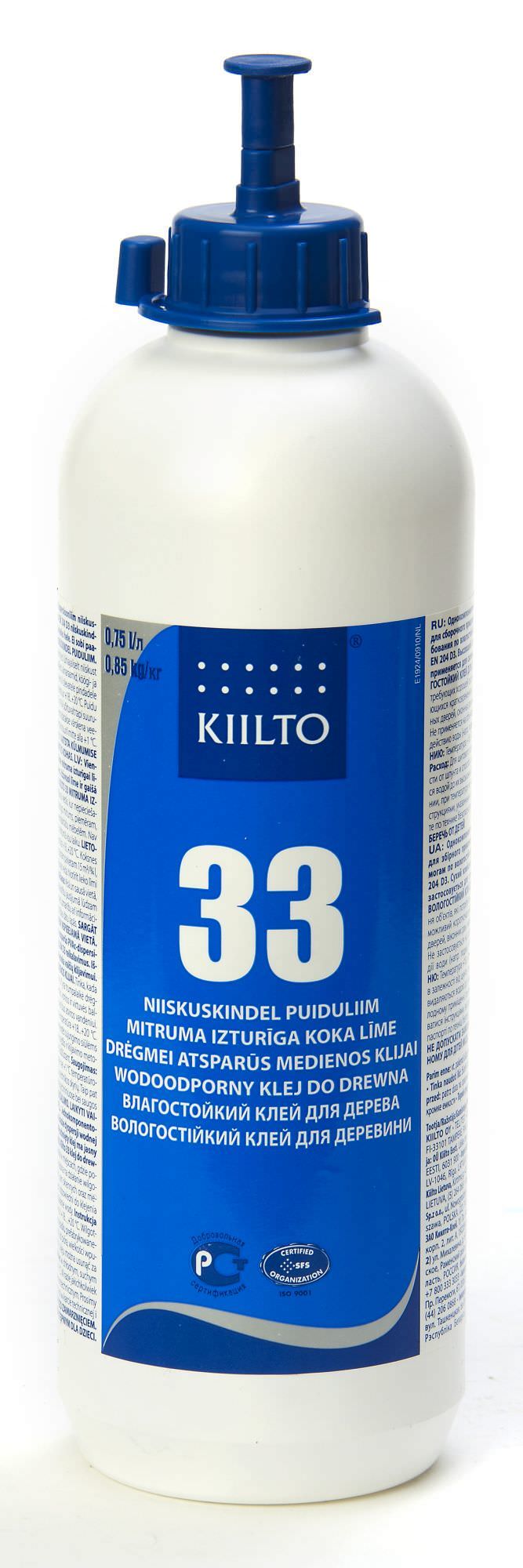 Drėgmei atsparūs medienos klijai KIILTO 33, medžiui, popieriui, kartonui klijuoti, 750 ml