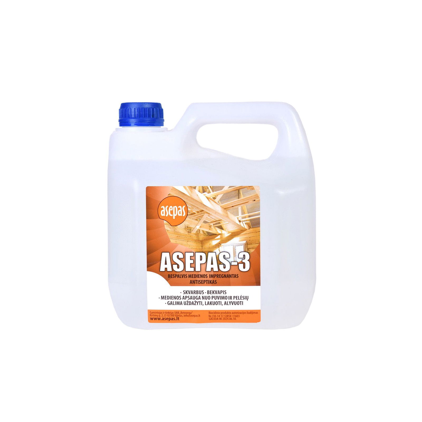 Bespalvis medienos antiseptkas apdailinei medienai „Asepas-3“ 1:3, 3L