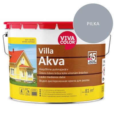 Medinių fasadų dažai VIVACOLOR VILLA AKVA, šviesiai pilkos RAL7040 sp., 9 l