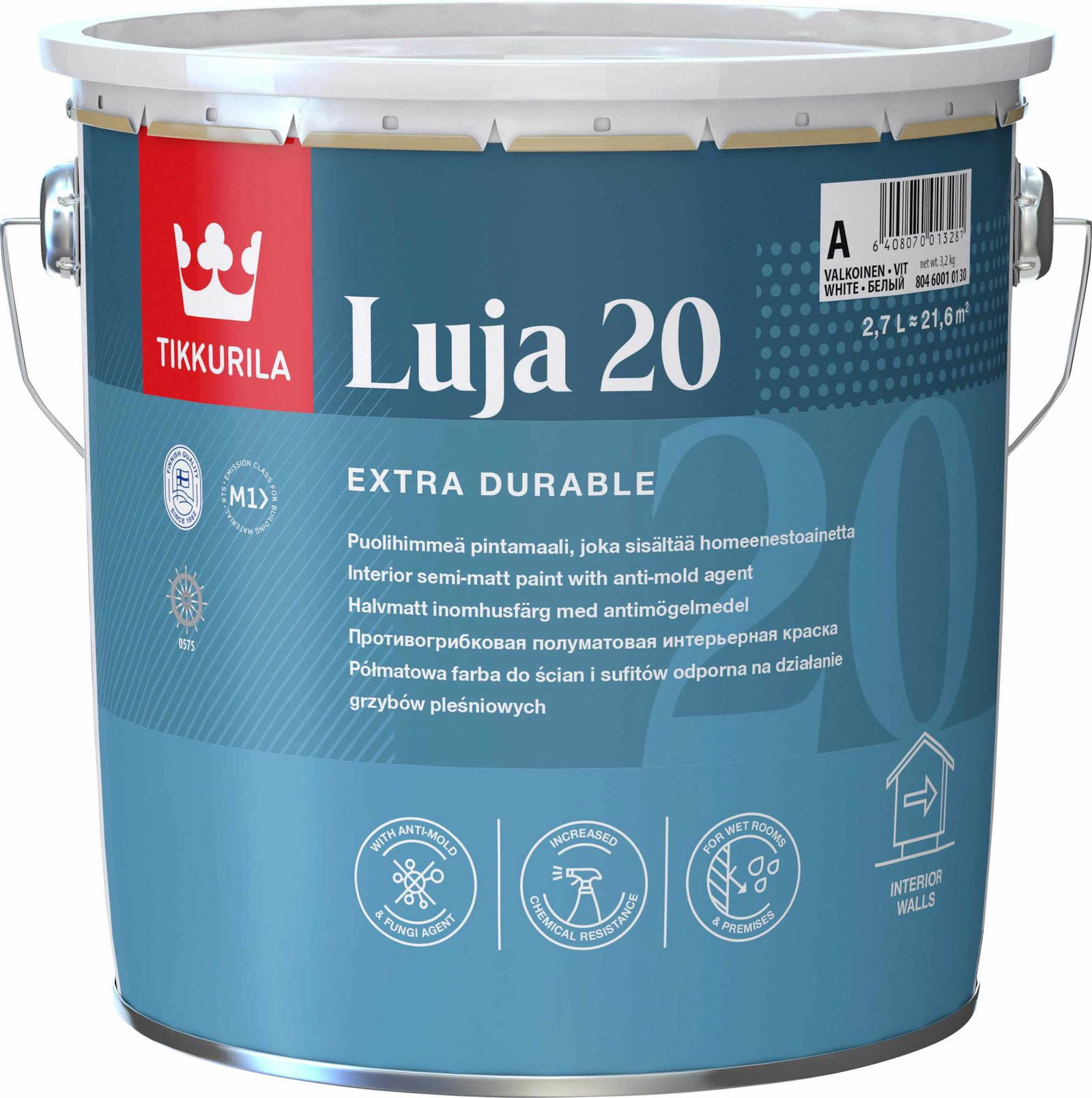 Sienų ir lubų dažai TIKKURILA LUJA 20, A bazė, pusiau matiniai, 2,7 l