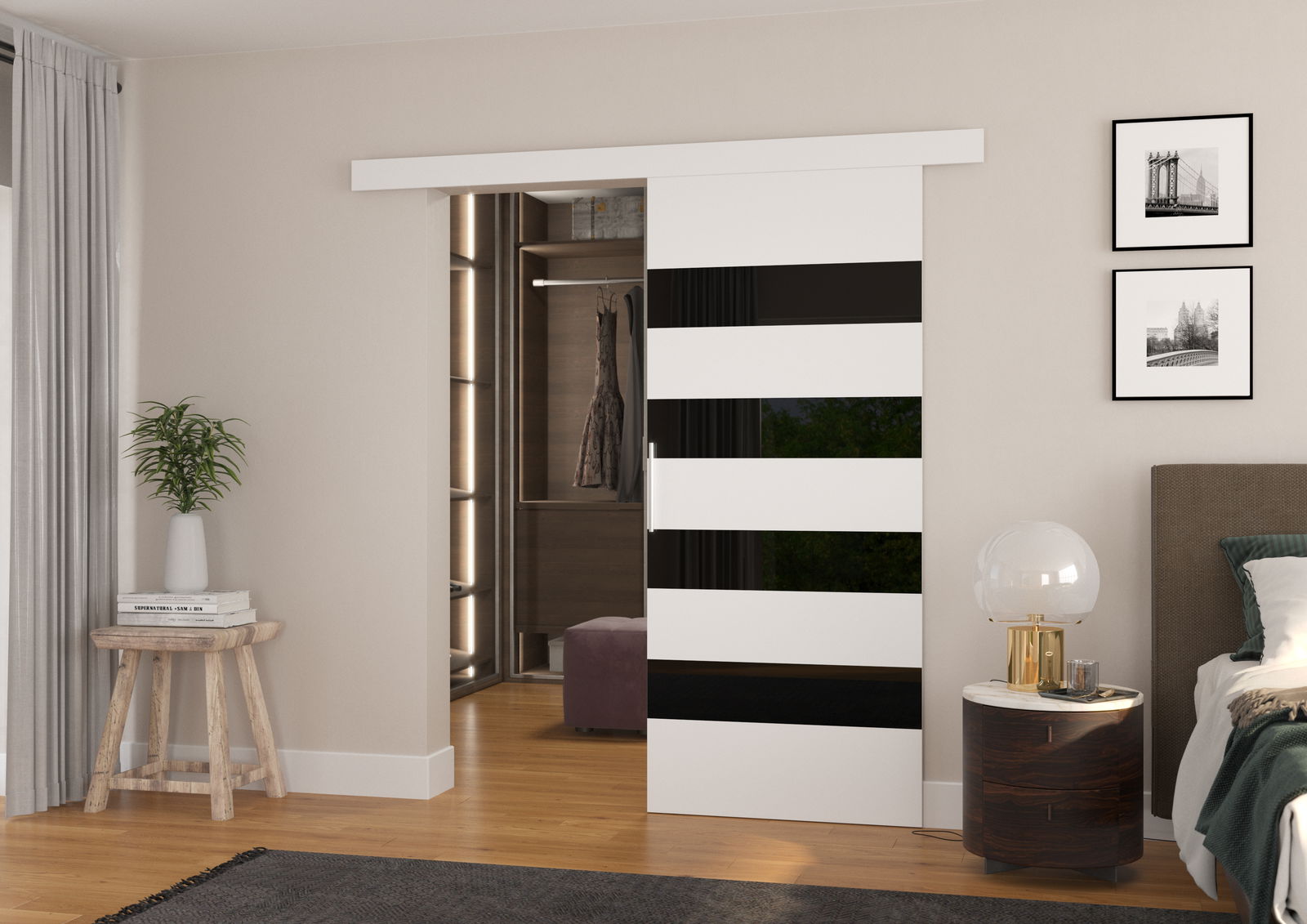Stumdomos durys MILOU 96, 96 x 205 cm, balta/juoda