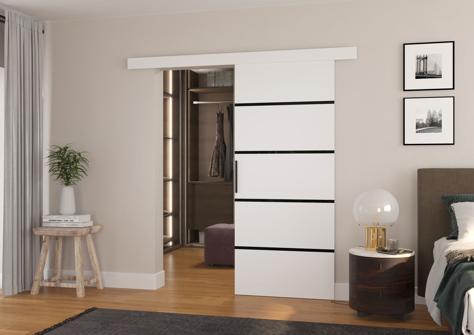 Stumdomos durys MUSCHU 96, 96 x 205 cm, balta/juoda