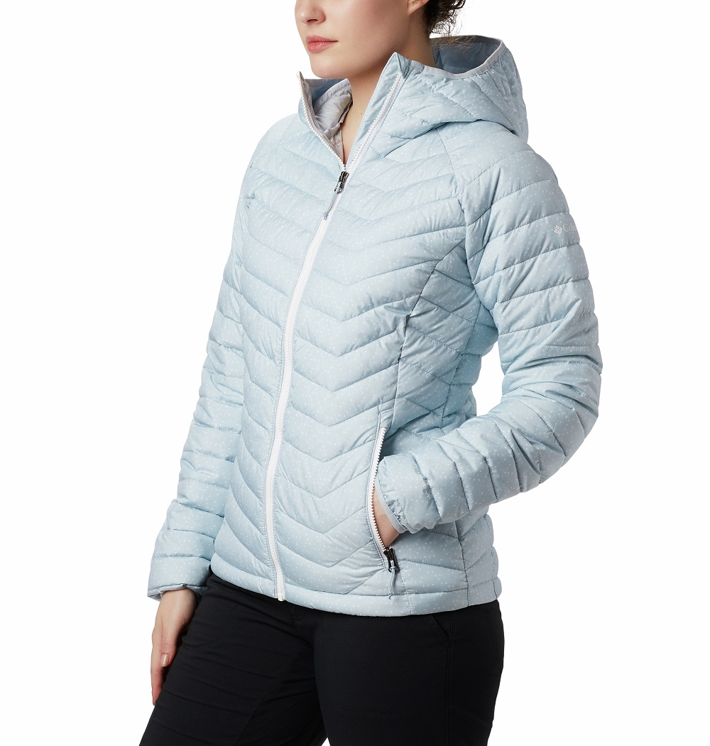 Columbia moteriška striukė POWDER LITE HOODED JACKET. Spalva šviesiai pilka su printu