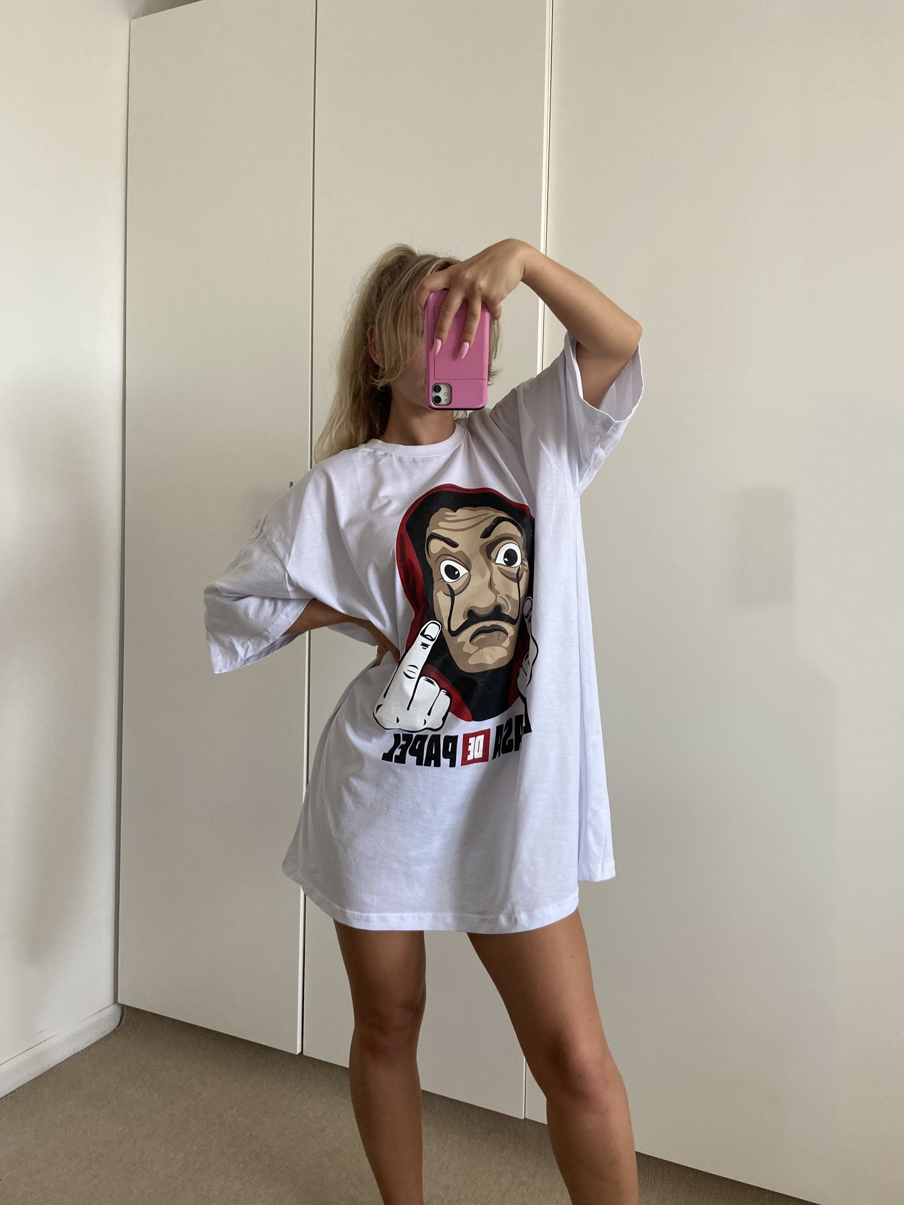 Moteriški oversize balti marškinėliai Money