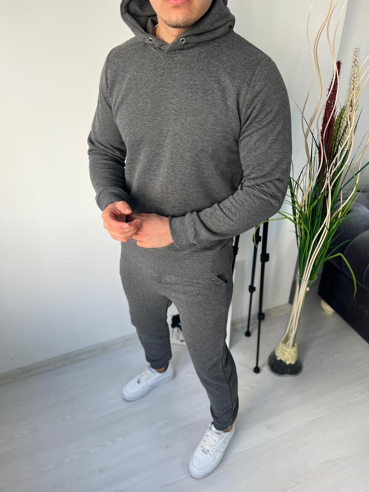 Tamsiai pilkas vyriškas sportinis komplektas su gobtuvu Premium