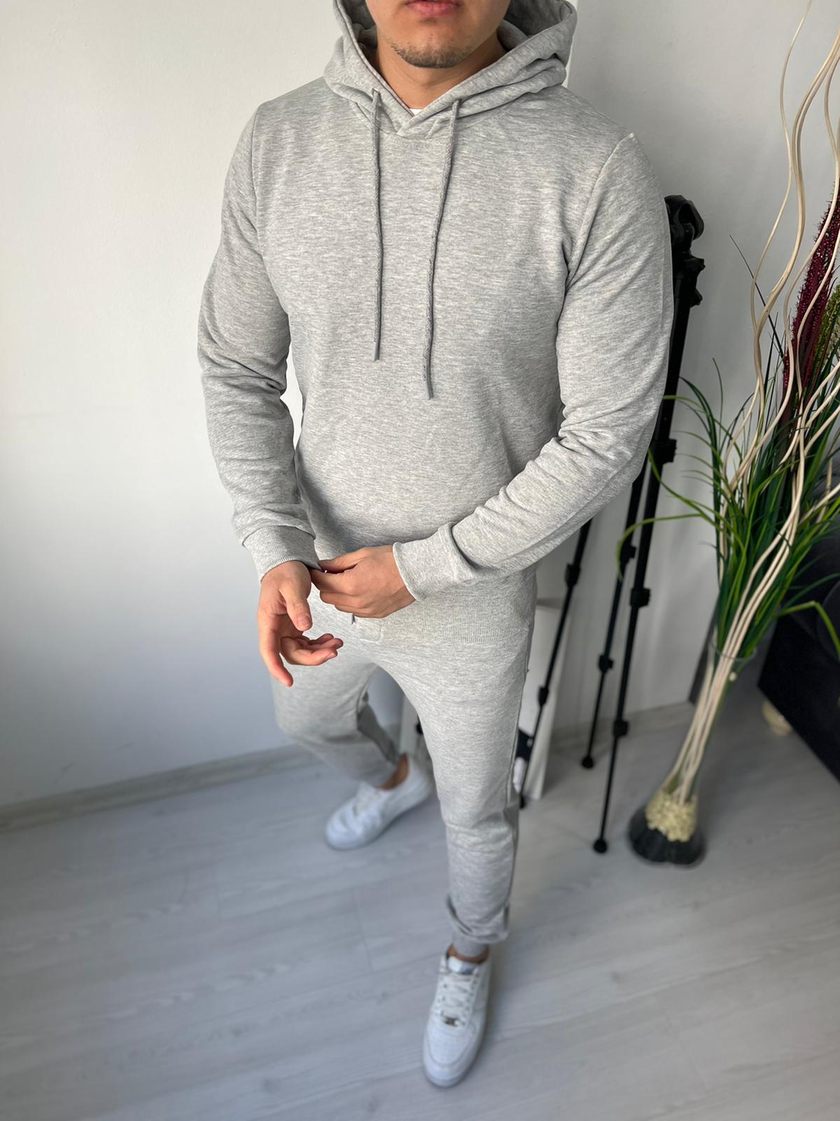 Šviesiai pilkas vyriškas sportinis komplektas su gobtuvu Premium