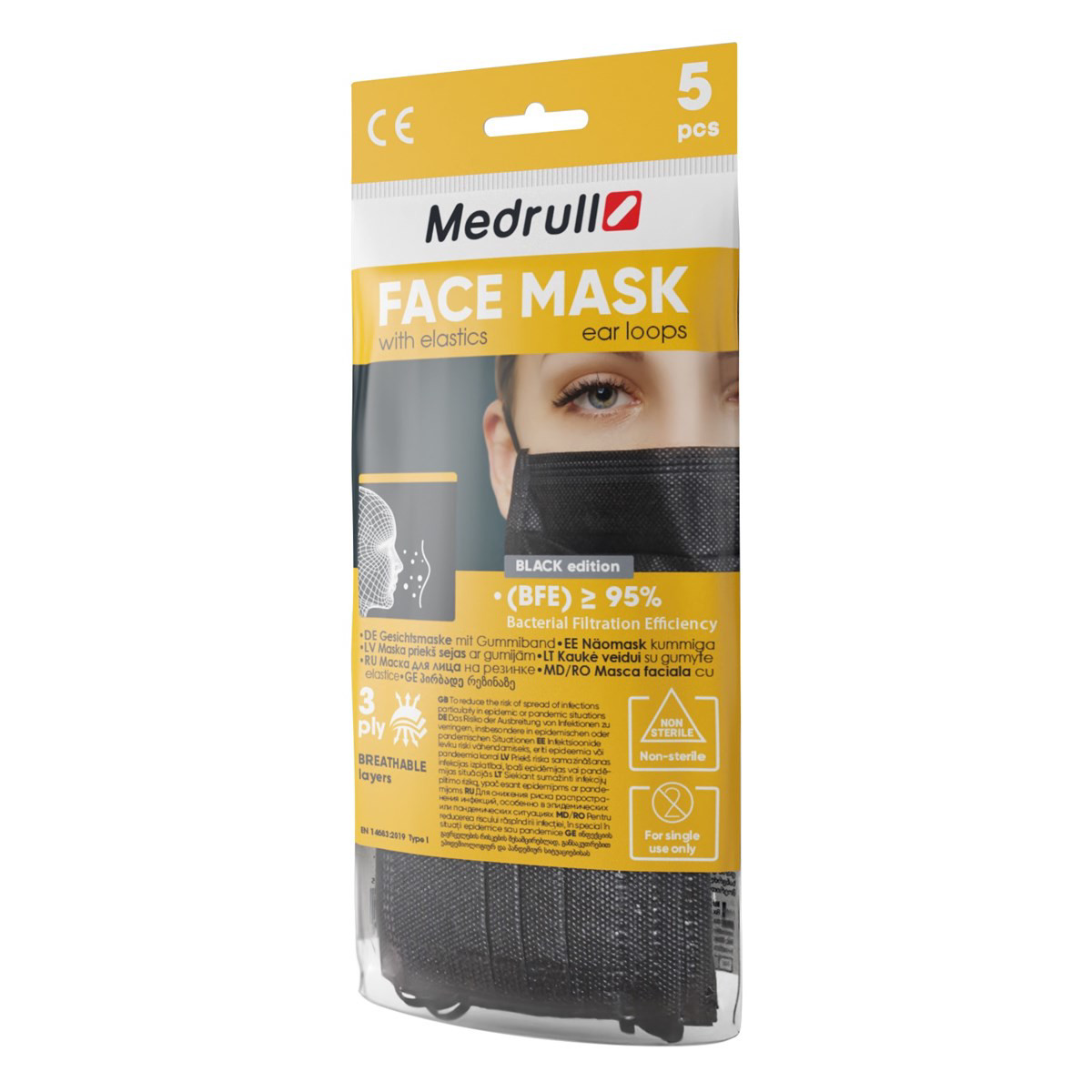 MEDRULL, Kaukė medicininė veido, vienkartinė 3sl., juoda, N5