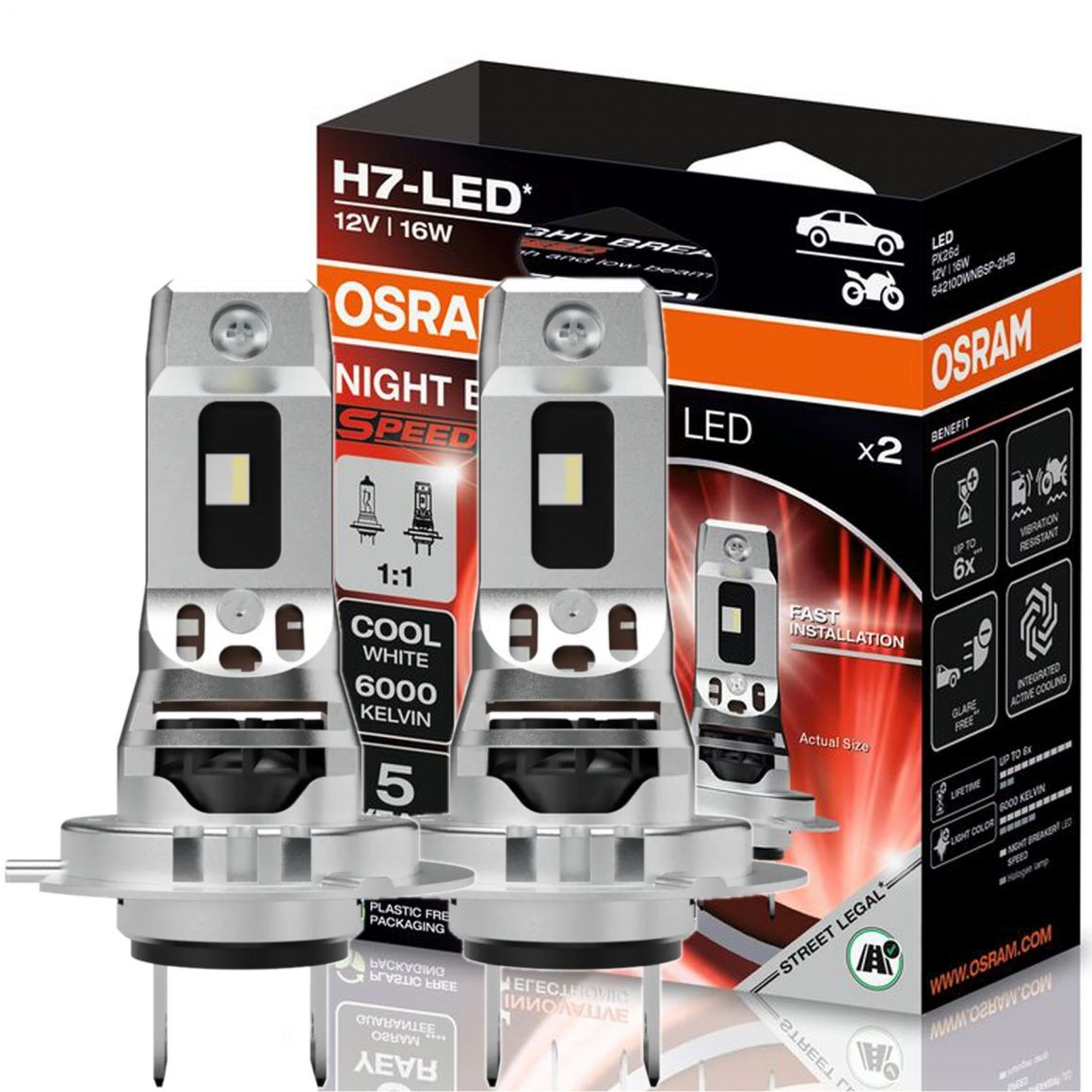 LED OSRAM H7 lemputės night breaker SPEED | 64210DWNBSP-2HB | Legalios keliuose