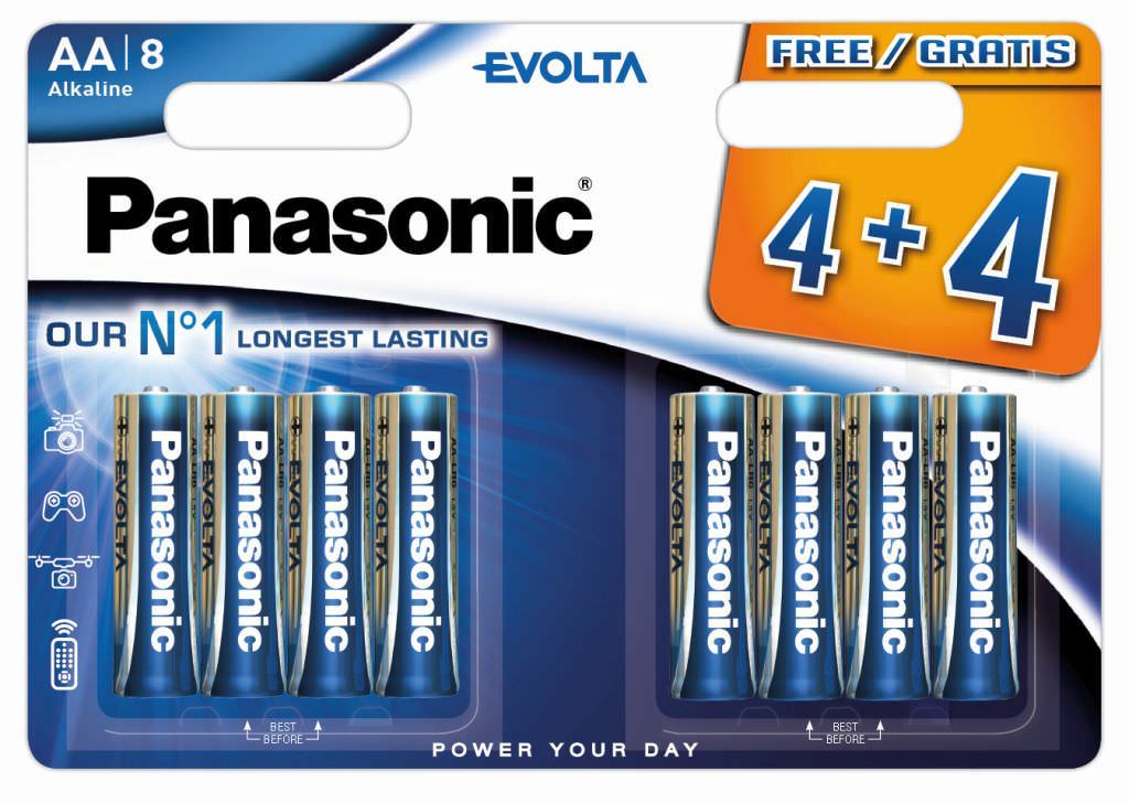 Elementai PANASONIC EVOLTA ALKLINE AA, 1,5V, 15A, LR6, 8 vnt. (4+4)