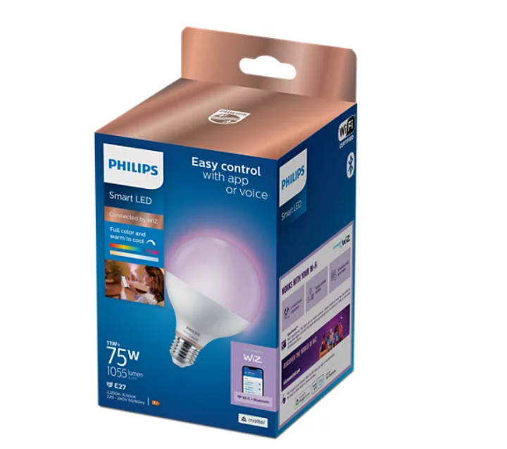 Išmanioji LED lemputė PHILIPS, E27, G95, 11W (=75W), 2200-6500K, 1055lm, RGB, SMART + WiFi