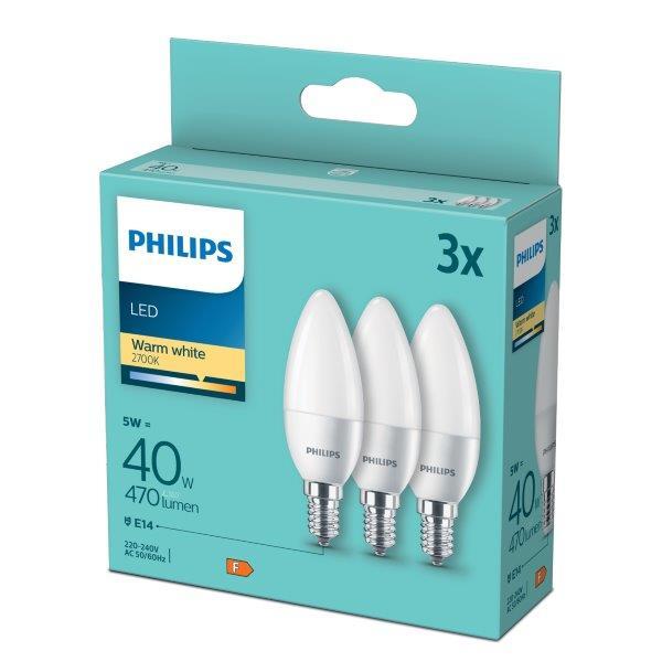 LED lemputės PHILIPS, E14, B35, 2700 K, 5W (=40W), 407 lm, NON-DIM, 3 vnt.