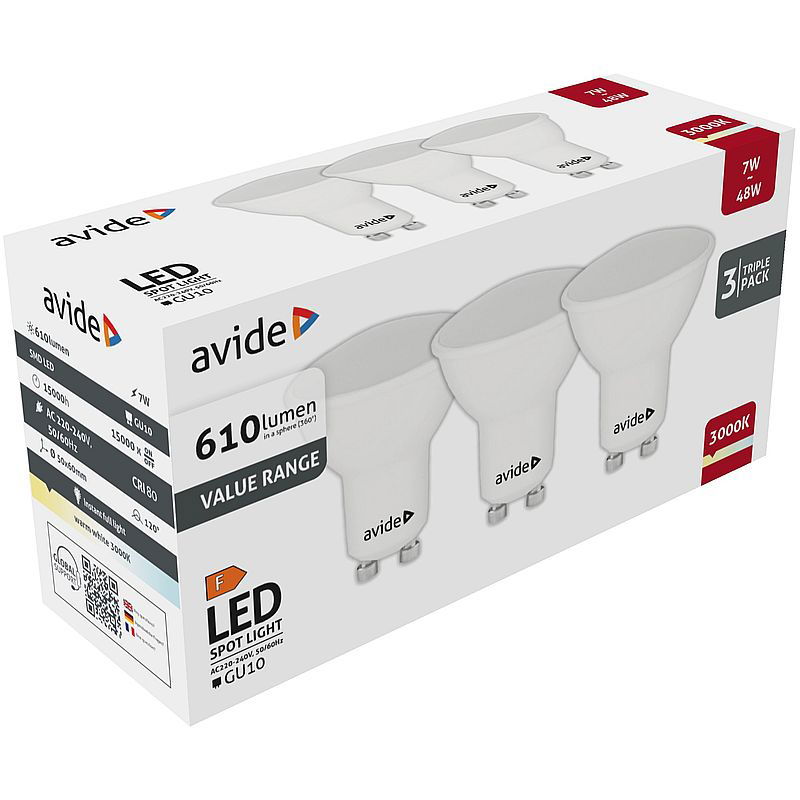 LED lemputė AVIDE, GU10, 7W (=47W), 3000K, 220-240V, 610 lm, 110° 3VNT