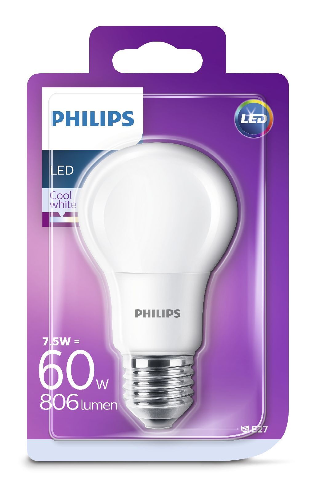 Šviesos diodų lemputė PHILIPS, A60, 7.5 W, E27, 806 lm, 4000K