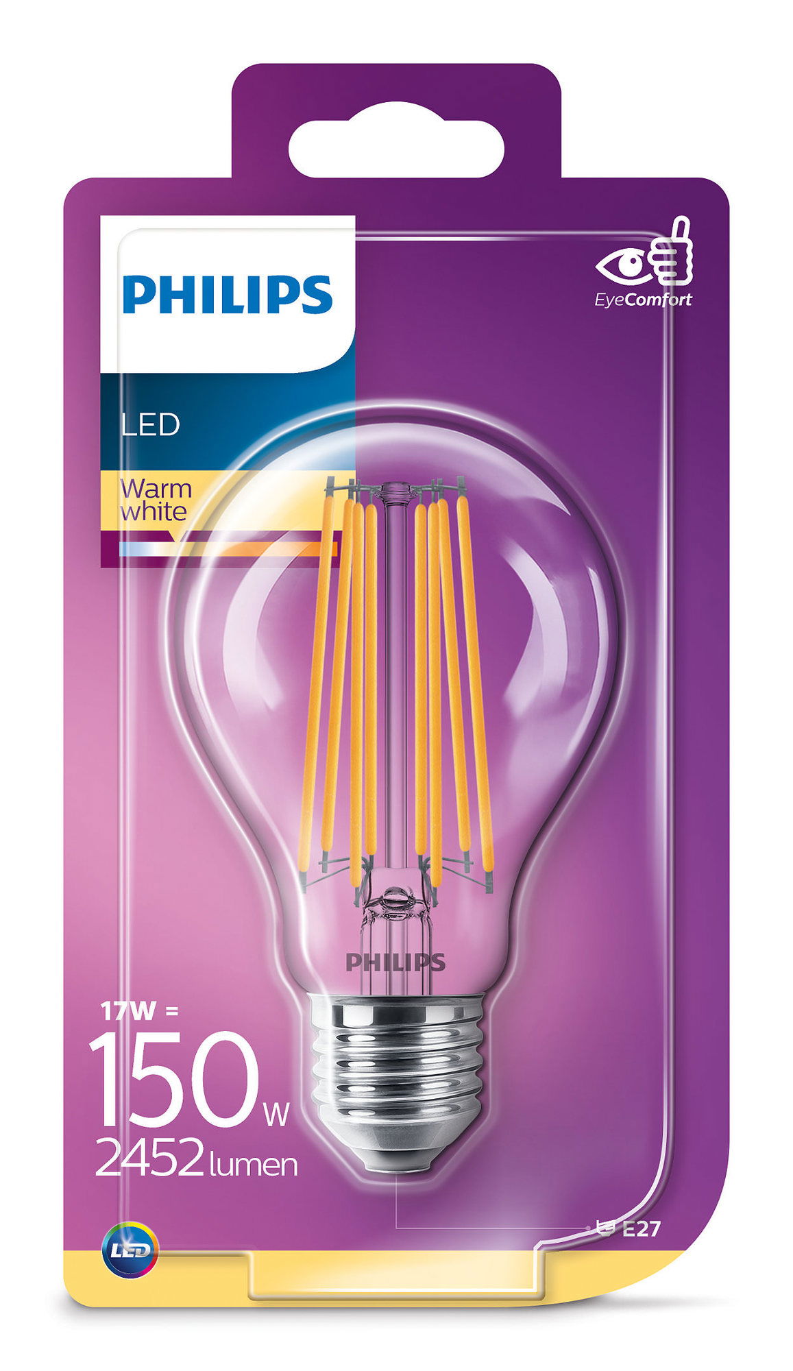 Šviesos diodų lemputė PHILIPS, E27, 17 W, atitinka 150 W, 2700 K, 2452 lm, nedimeriuojama