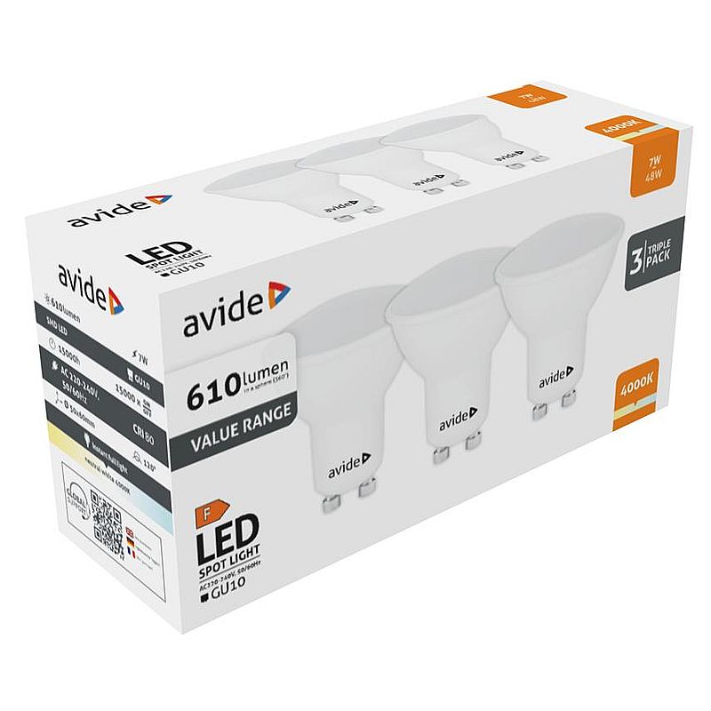 LED lemputė AVIDE, GU10, 7W (=47W), 4000K, 220-240V, 610 lm, 110° 3VNT