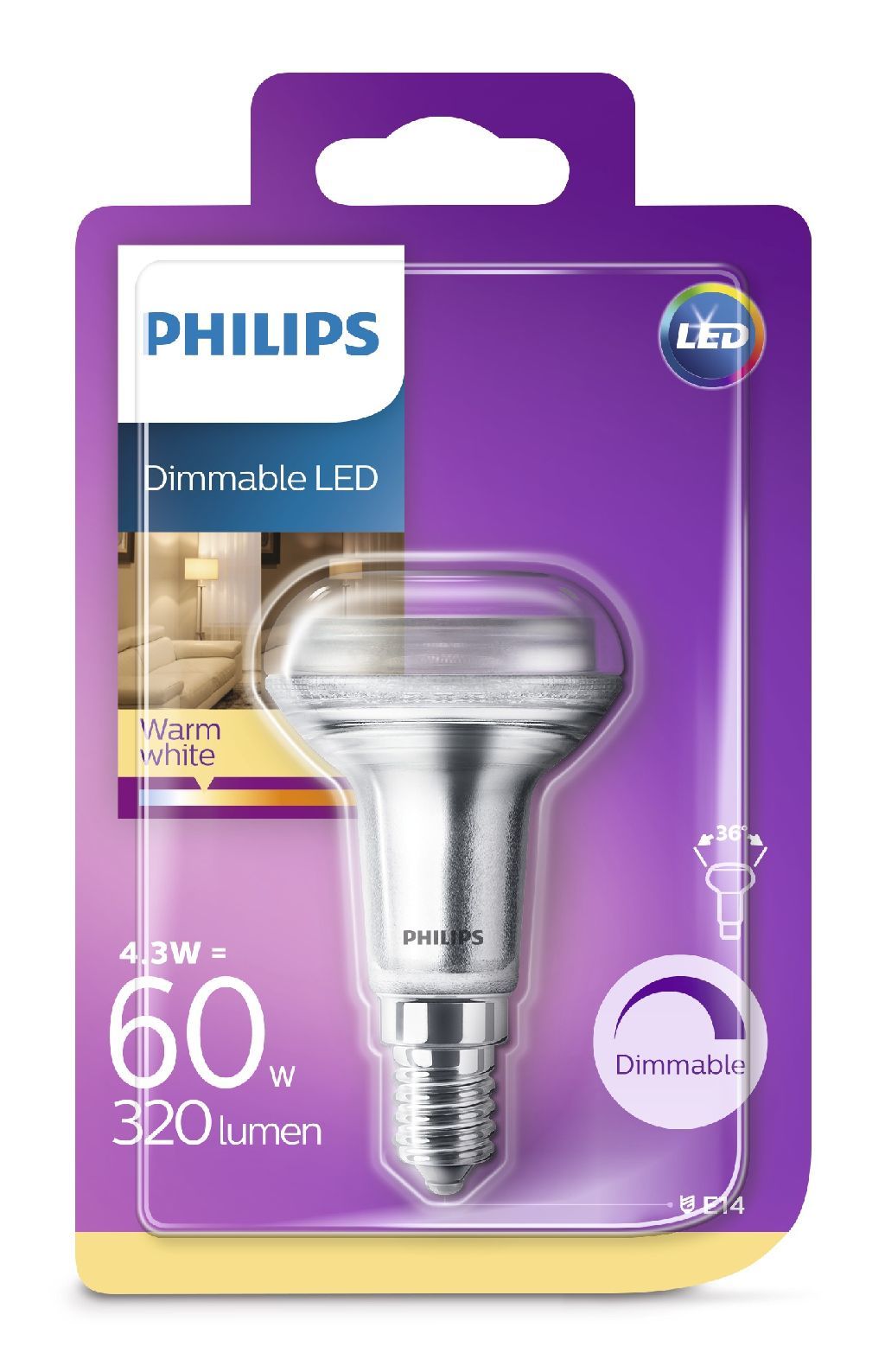 Šviesos diodų lemputė PHILIPS, R50, 4,3 W, E14, 320 lm, 2700K