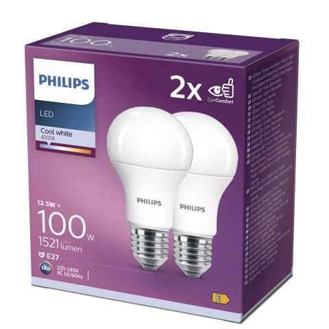 Šviesos diodų lemputė PHILIPS 13W (=100W) E27 A60 4000K 1521 lm 2vnt