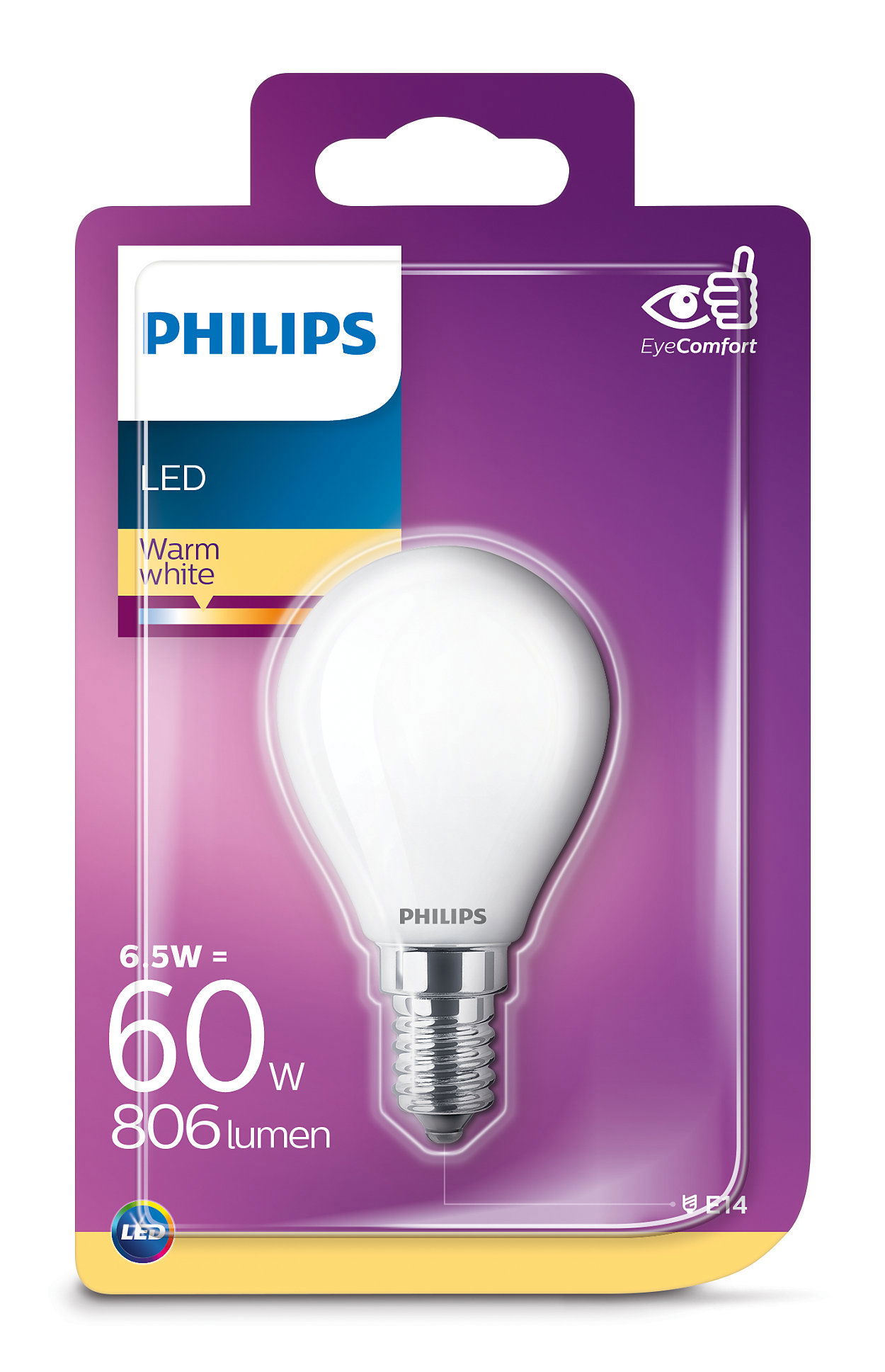 Šviesos diodų lemputė PHILIPS, E14, 6,5 W, atitinka 60 W, 2700 K, 806 lm, nedimeriuojama