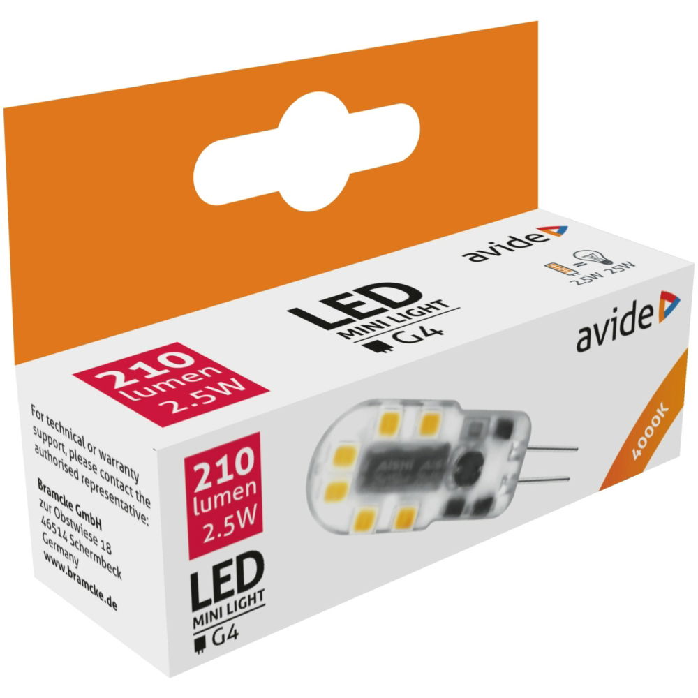 LED lemputė AVIDE, G4, 2.5W (=24W), 4000K, 12V, 210 lm, 160°