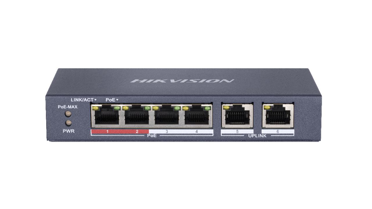 6 prievadų, 4 PoE prievadų komutatorius Hikvision DS-3E0106P-E/M