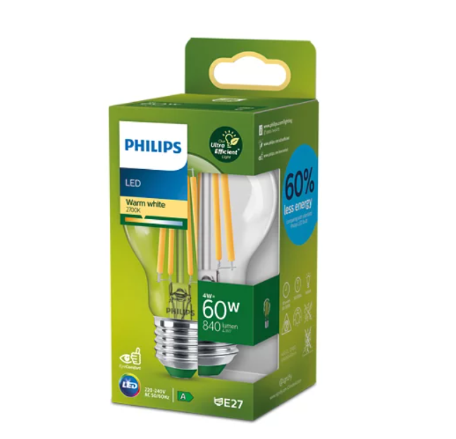 LED lemputė PHILIPS ULTRA EFFICIENT, E27, A60, 4W (=60W), 2700K, 840lm, 210l/W, CL UE SRT4
