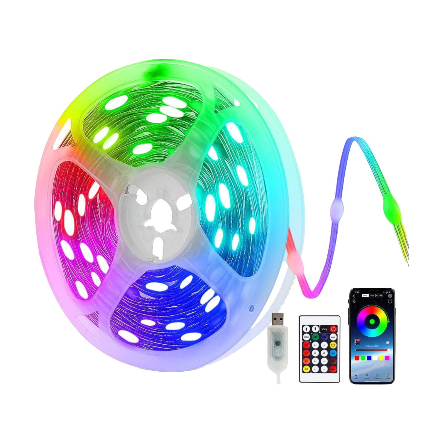 LED juostos komplektas HENSKE F‐LFS‐5V‐10M, IP65, RGB, USB, su pultu 16 mygtukų, 10 m
