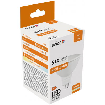 LED lemputė AVIDE, GU5.3, 6W (=40W), 4000K, 12V, 510 lm, 120°