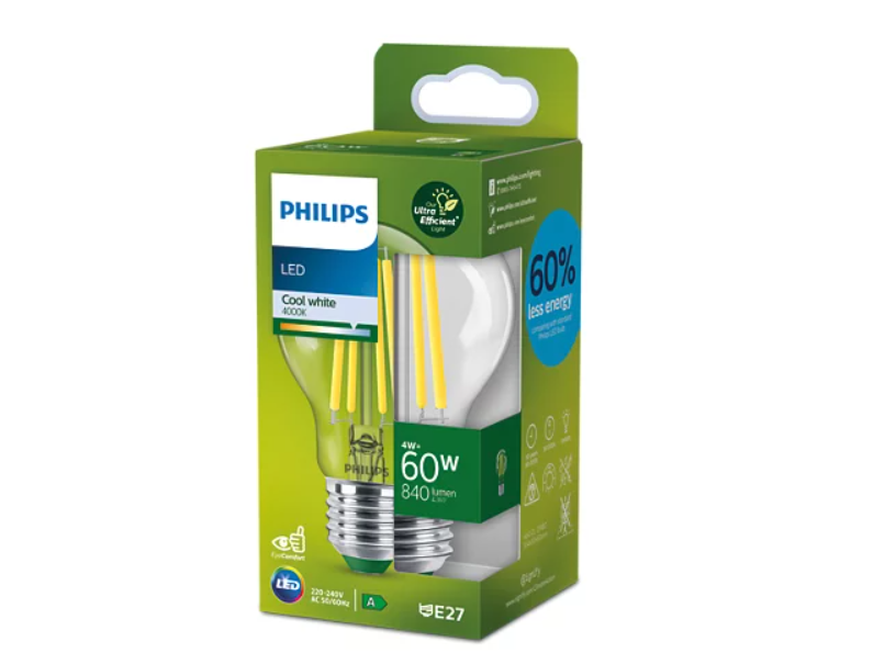 LED lemputė PHILIPS ULTRA EFFICIENT, E27, A60, 4W(=60W), 4000K, 840lm,  210l/W, CL UE SRT4