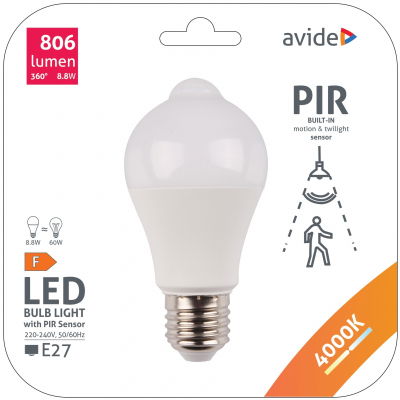LED lemputė AVIDE, E27, A60, 8,8W (=60W), 4000K, 806 lm, 200°, su judesio davikliu