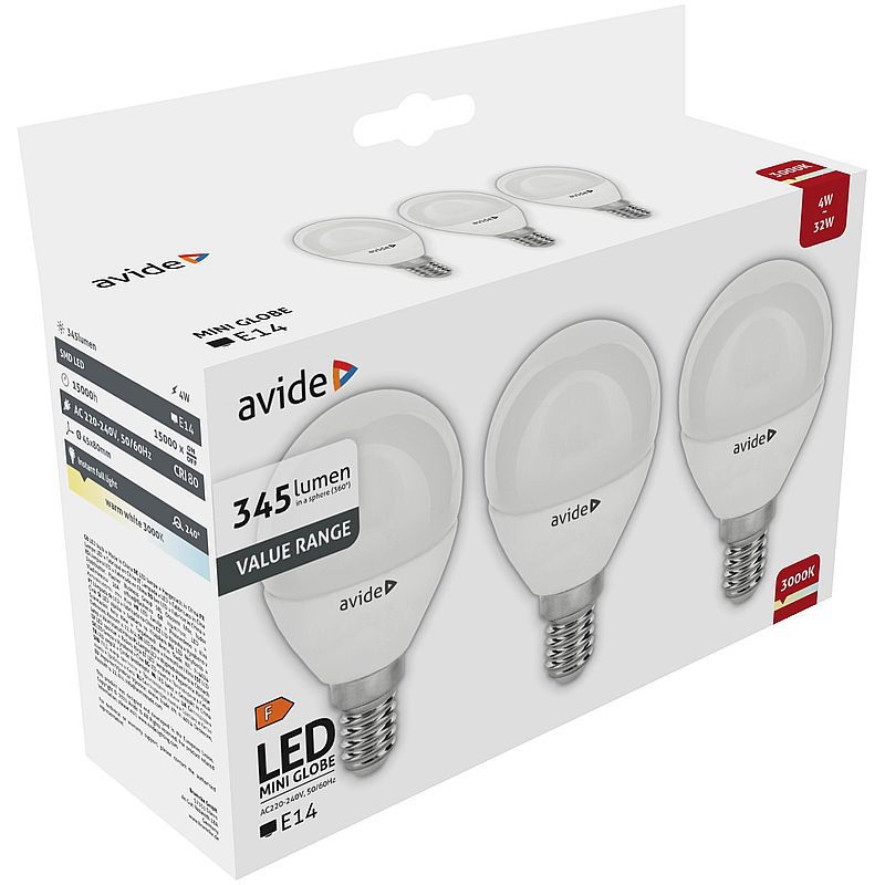 LED lemputės AVIDE, E14, G45, 4W (=32W), 3000K, 220-240V, 345 lm, 3 vnt