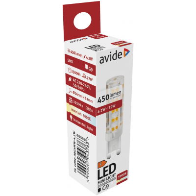 LED lemputė AVIDE, G9, 4,2W (=39W), 3000K, 220-240V, 450 lm, 220°