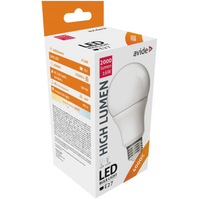 LED lemputė AVIDE, E27, A70, 16-18W (=125W), 4000K, 220-240V, 2000 lm, 240°