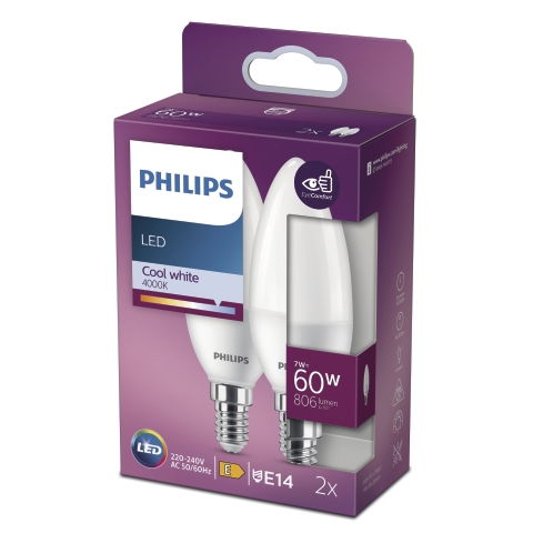 LED lemputės PHILIPS, E14, B38, 4000 K, 7W (=60W), 806 lm, NON-DIM, 2 vnt.