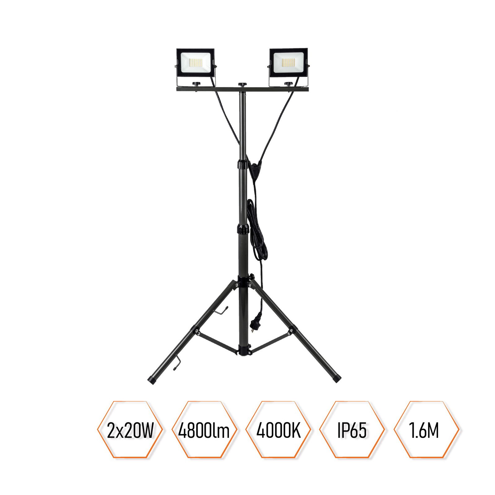LED prožektorius su stovu SPECTOR LIGHT Tripod, IP65, 2 x 30 W,  2 x 2400 lm, h1,6 m