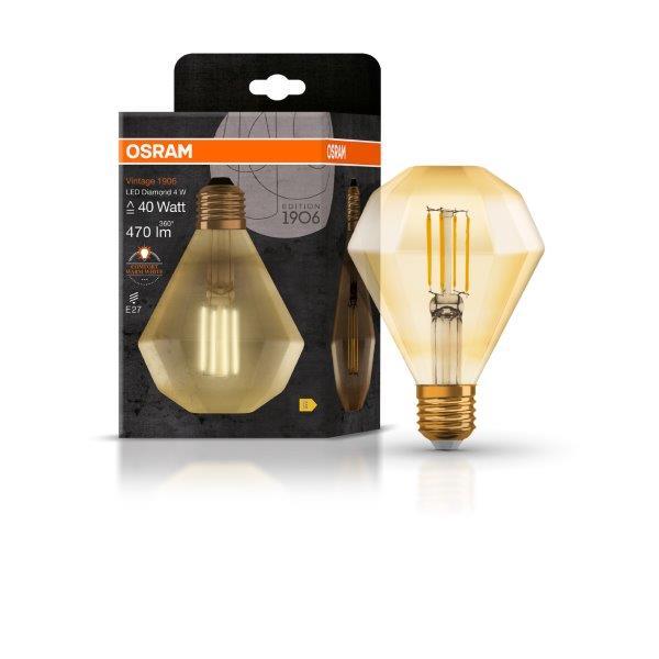 Dekoratyvinė LED lemputė OSRAM FILAMENT 1906 DIAMOND, E27,4W(=40W),2400lm,470lm, gintaro sp.,non-dim